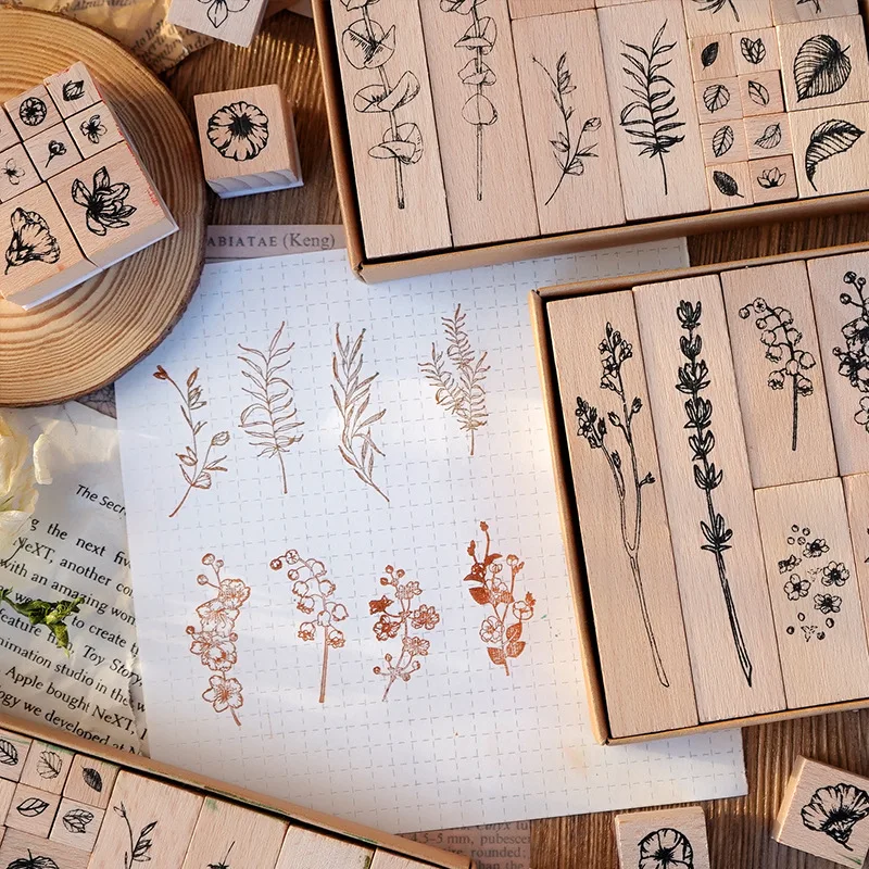 22 Pcs/set Wood Mounted Rubber Stamps Plant And Flower Decorative Wooden Rubber Stamp Set For Diy Craft Diary Craft Scrapbooking