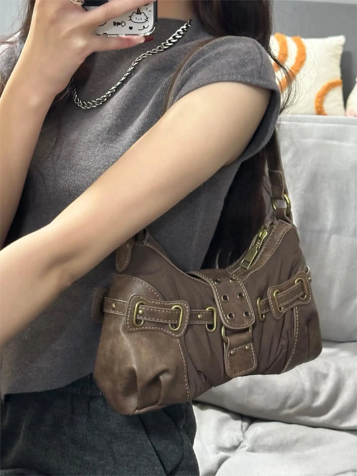 

Brown Vintage Underarm Bag for Women Denim Crinkle Shoulder Bags for Ladies, Y2k Aesthetic Fashion Tote Bag, Hot Girl, 2025