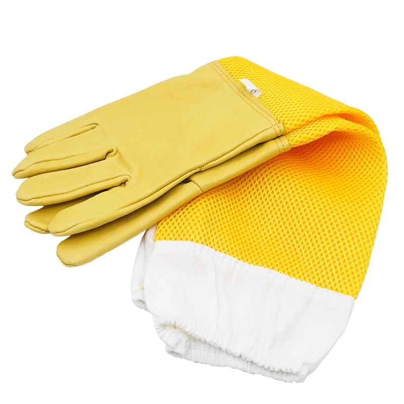 Beekeeping Protective Gloves, Beekeeper Sleeves Breathable Anti Bee Cloth, Apiculture Sheepskin Long Yellow Mesh Gloves 1Pair