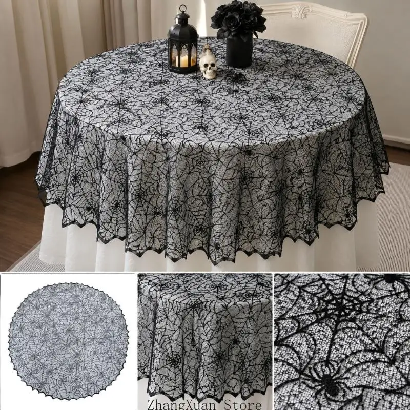 Halloween-Party-Tischdecke aus schwarzer Spitze mit Spinnennetz-Optik für runde Tische, 3 x – Detail 7