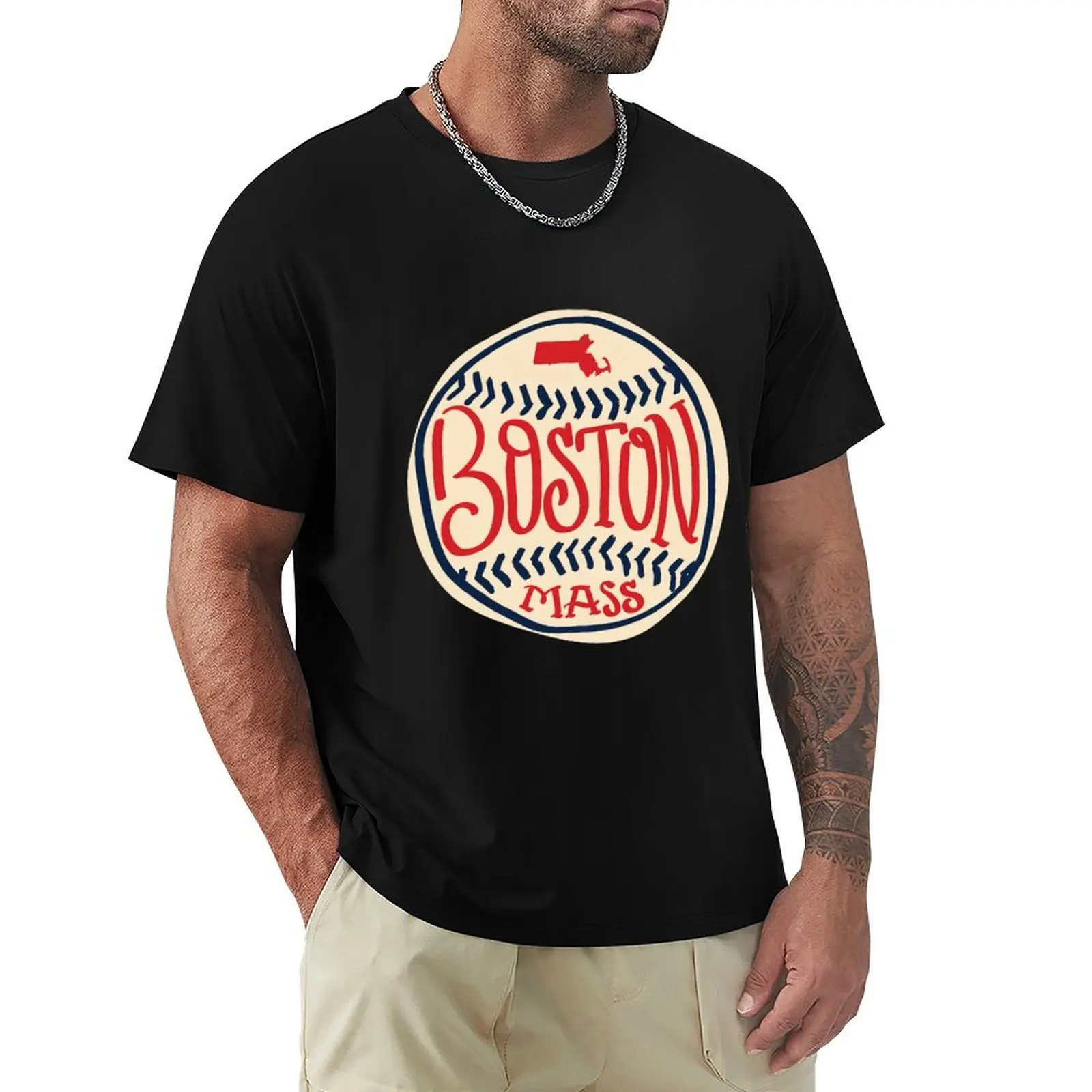 

Boston Massachusetts Hand-Illustrated Baseball Typography T-Shirt luxury t-shirt man clothes t shirt men 100℅ cotton