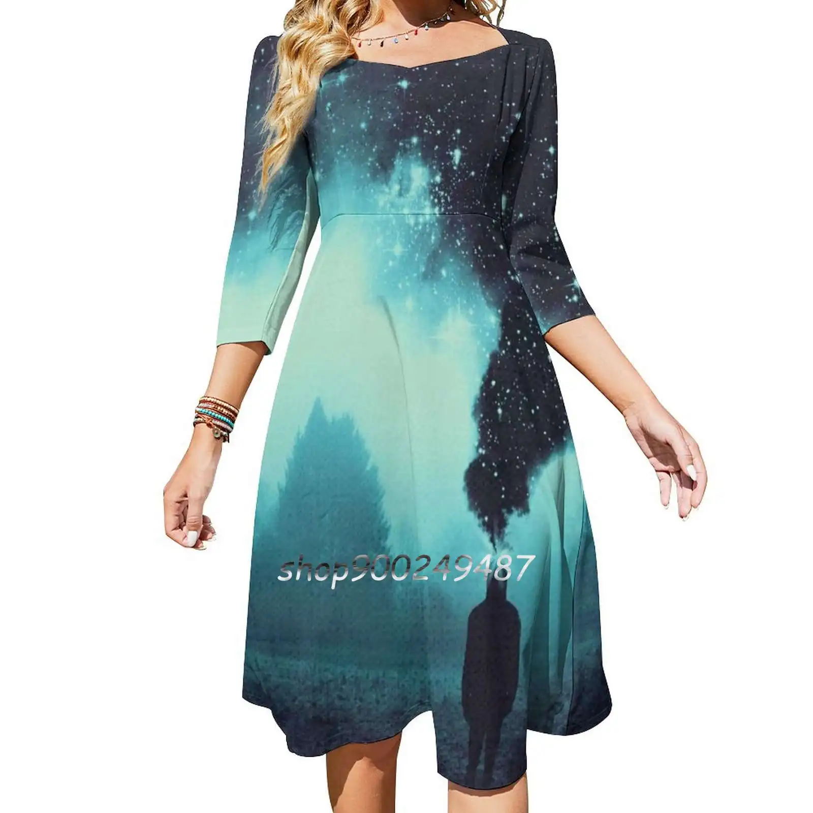 There Is More Beyond The Obvious-Surreal Landscape Square Neck Dress Cute Loose Print Dresses Elegant Beach Party Dress Space