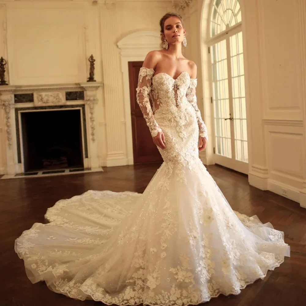 Jane Eyre فستان زفاف حورية البحر مخصص بأكمام طويلة من فيستدو دي نوفيا مزين بالدانتيل فستان زفاف عتيق رداء De Mariee