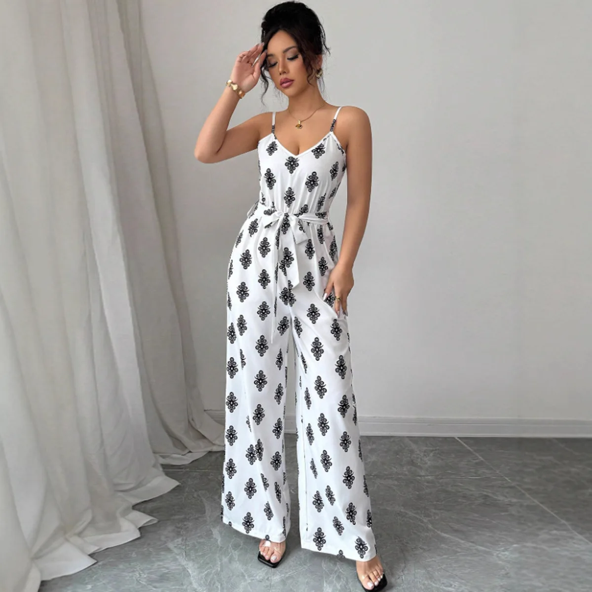 Moda outono nova chegada elegante montagem traseira-aberto impressão estilo gogo calças de macacão de perna larga