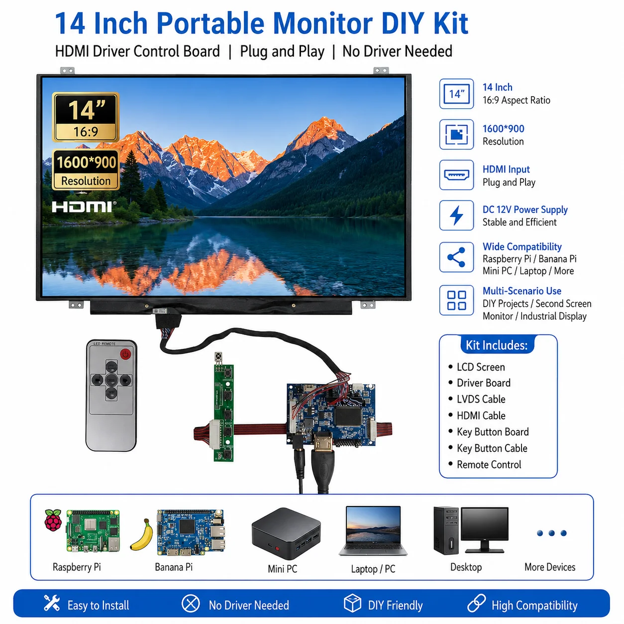

14 Inch Monitor 1600*900 LCD Display Screen Driver Control Board HDMI-Compatible For Raspberry/Banana/Orange Pi PC Computer