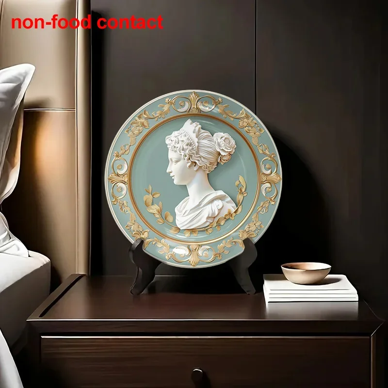 1pc 8-Inch Round Ceramic Wall Art Plate - Vintage Floral Design with Golden Accents, Non-Food Contact Jewelry Display Tray for
