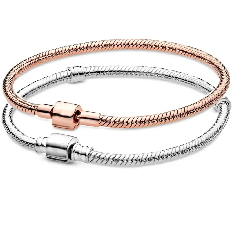 

Rose & Silver Moments Barrel Clasp Snake Chain Bracelet Bangle Fit Europe Bracelet 925 Sterling Silver Bead Charm DIY Jewelry