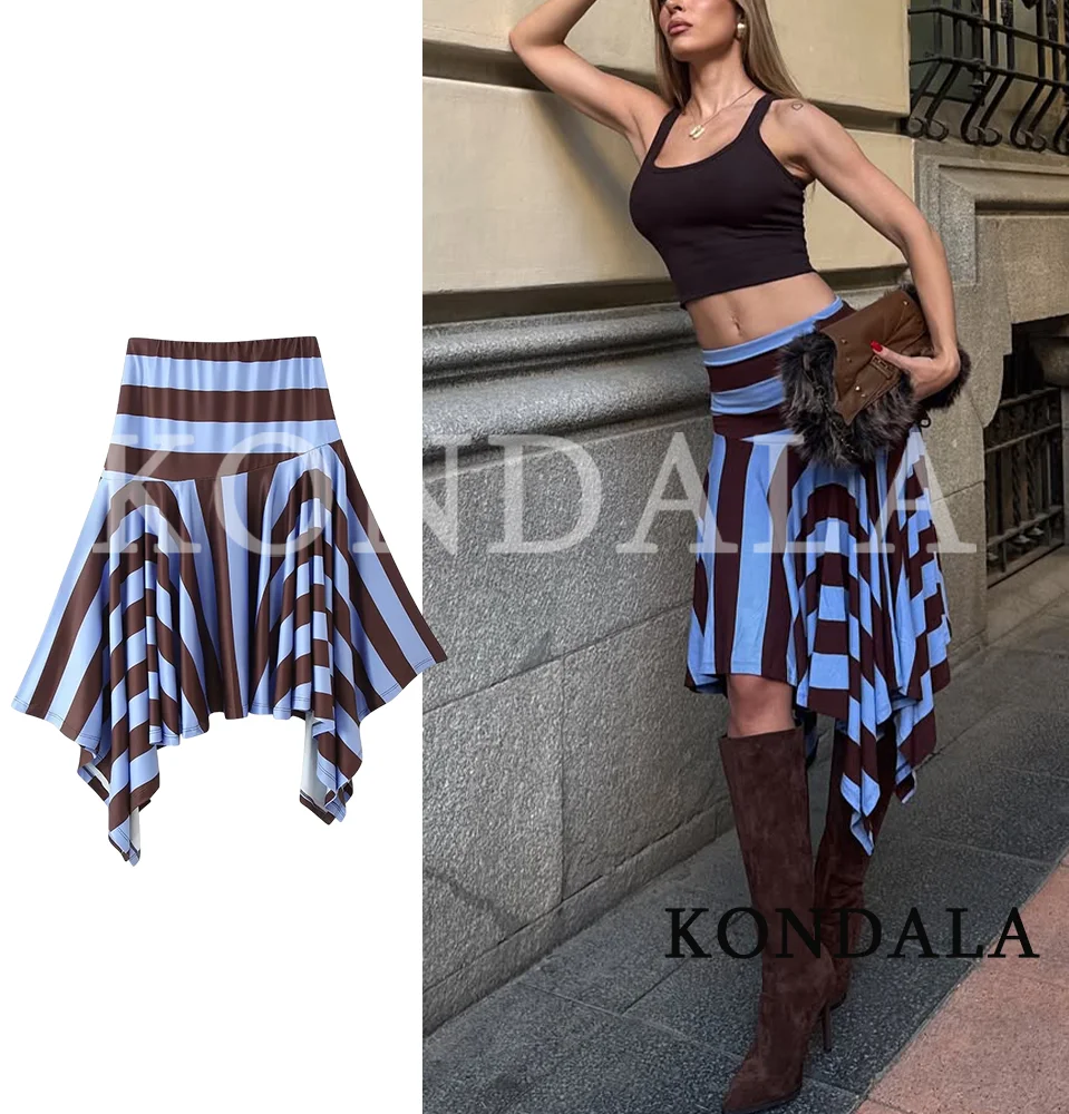 KONDALA Women Elegant Striped Irregular Hem Skirt 2026 Summer Trendy High Street Skirt Female Holiday Casual Elastic Waist Skirt