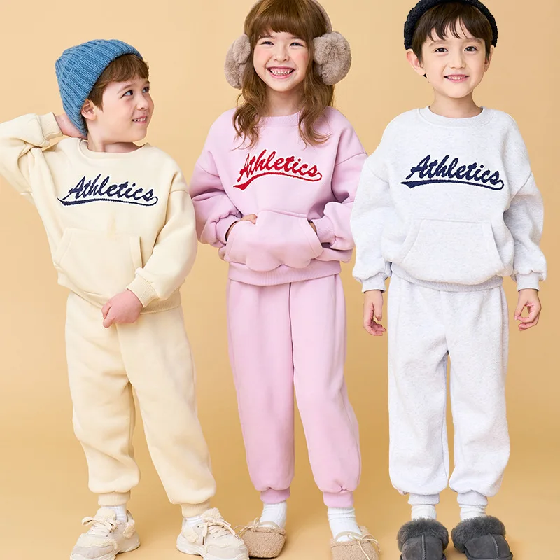 Children's Sweatshirt Suit 24 Winter New Cartoon Embroidery Boys Sweater Cotton Warm Pink Korean Girls Tops Children's Clothing