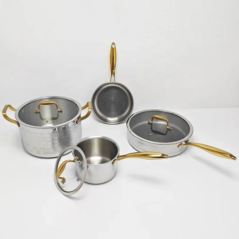 High Quality Induction Non-stick Honeycomb Pan10Pcs Gold Stainless Steel Cookware Set 3 Ply Hammered Stainless Steel Pot and Pan