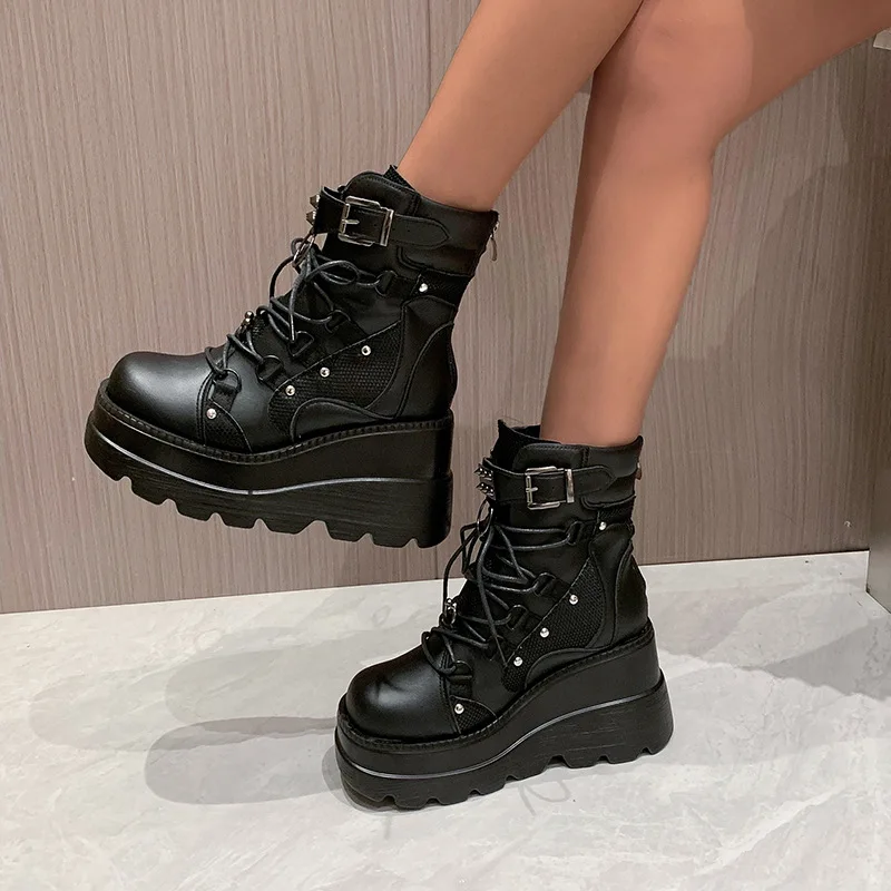 Women Punk Gothic Motorcycle Boots 2024 New Platform Chunky High Heel Ankle Boot Ladies Cool Wedge Woman Black Female Shoes