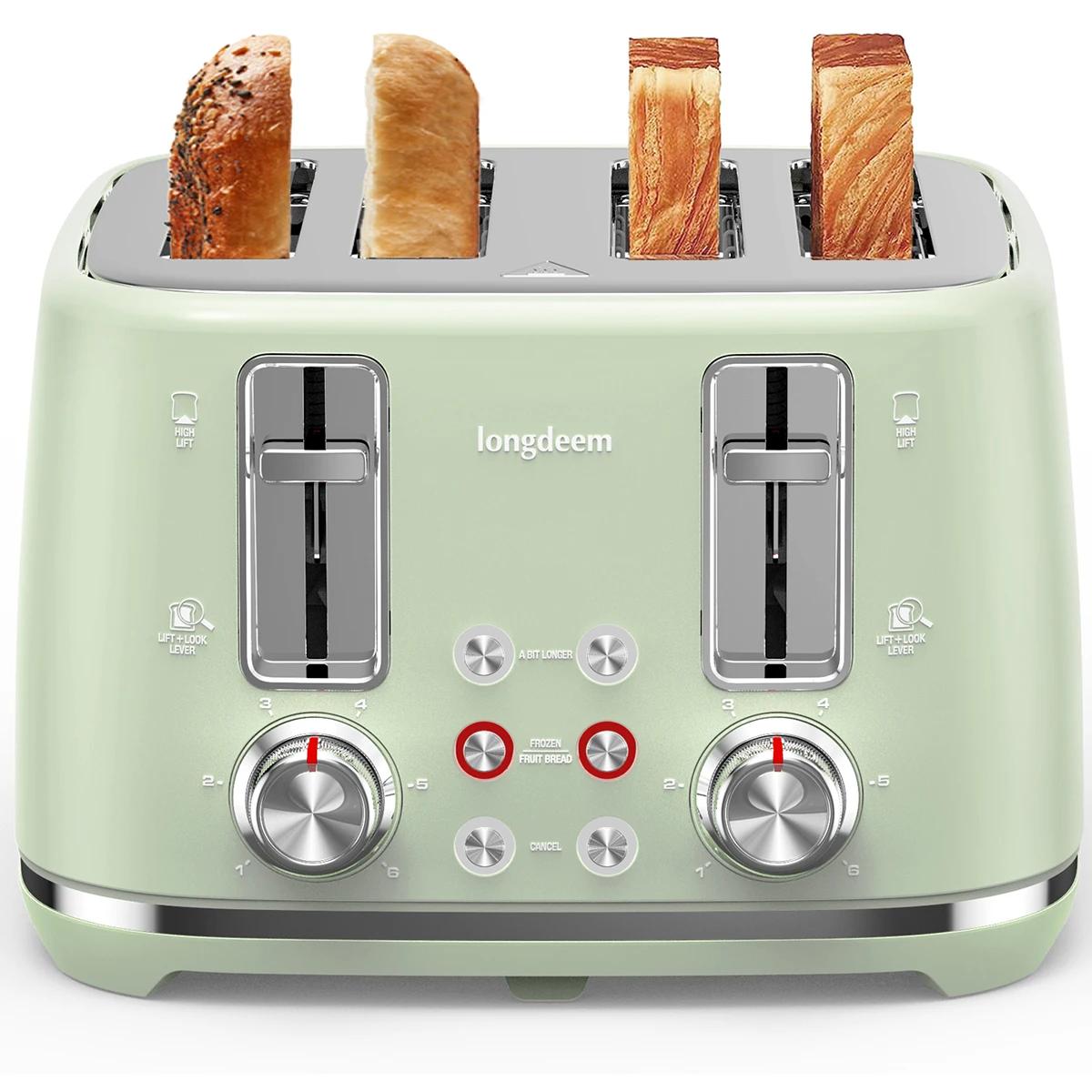 4 Slice Toaster, Extra Wide Slots, Retro Stainless Steel Toasters, 6 Browning Options, Auto Shut Off & Frozen Function, Green