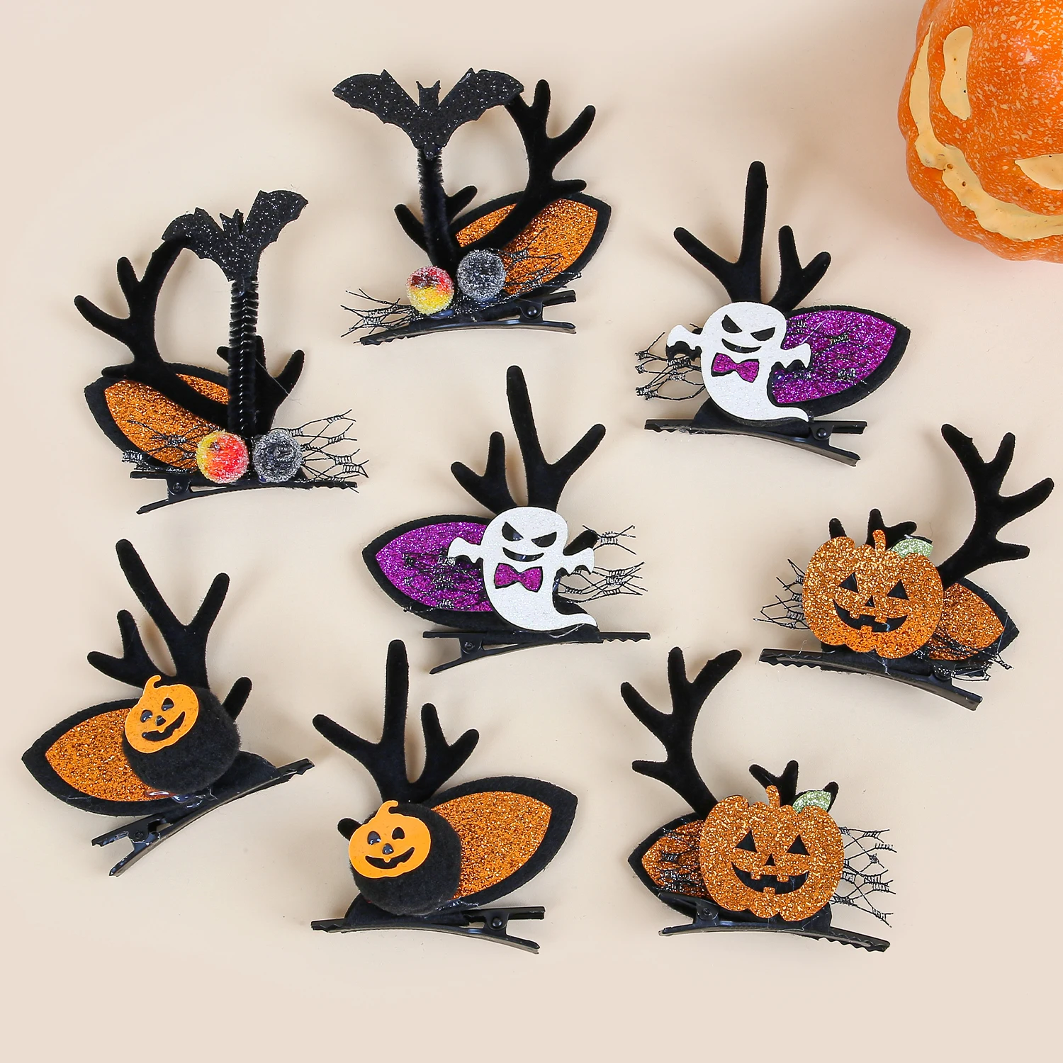 2pcs Kids Halloween Hair Clips Pumpkin Hairpins Clips Girls Festival Party Antler Barrettes Hair Clips Children Hair Accessories