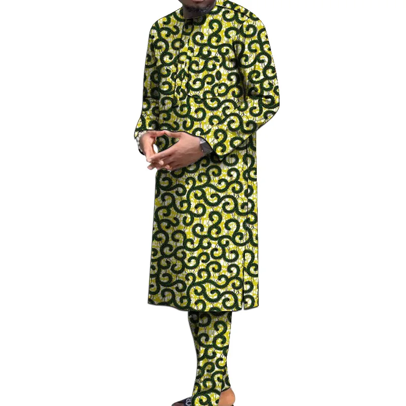 Customized African Wax Men's set Print Long Shirt With Trouser Party Suit Wedding Wear Guaranteed Original outfits