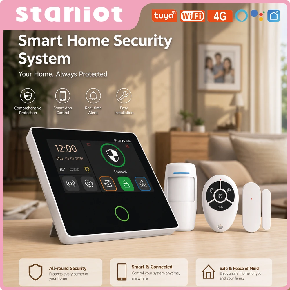 Système d'alarme domotique 4G Staniot : kit de sécurité sans fil Tuya avec connexion Wi-Fi, comprenant un détecteur de mouvement pour portes et fenêtres et un système d'alarme antivol
