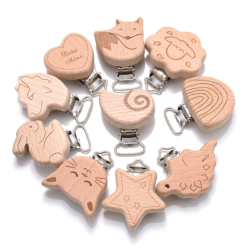 5Pcs Wooden Pacifier Clip Food Grade Natural Beech DIY Soother Accessories for Baby Teething Pacifier Chain Dummy Holder Clip