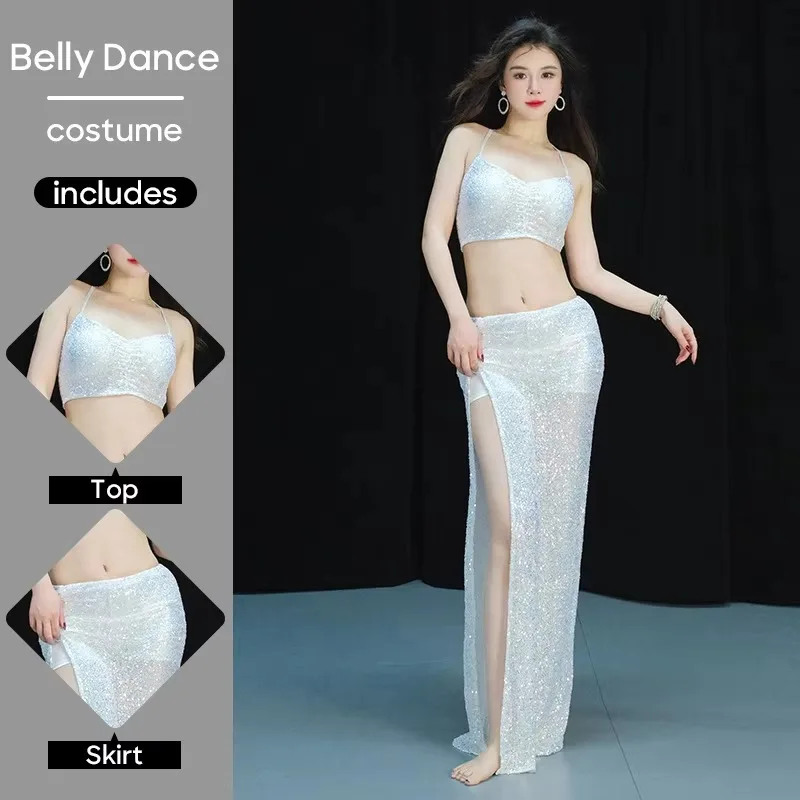 Women Belly Dance Costume Sets Sexy Sequins Tank Top and Skirt Adult Stage Performance Suit