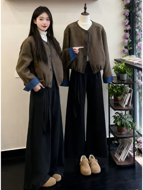 

Ретро-костюм: укороченное пальто и брюки, повседневный комплект из комфортного хлопкового смесового материала для весны и осени, модный женский ансамбль