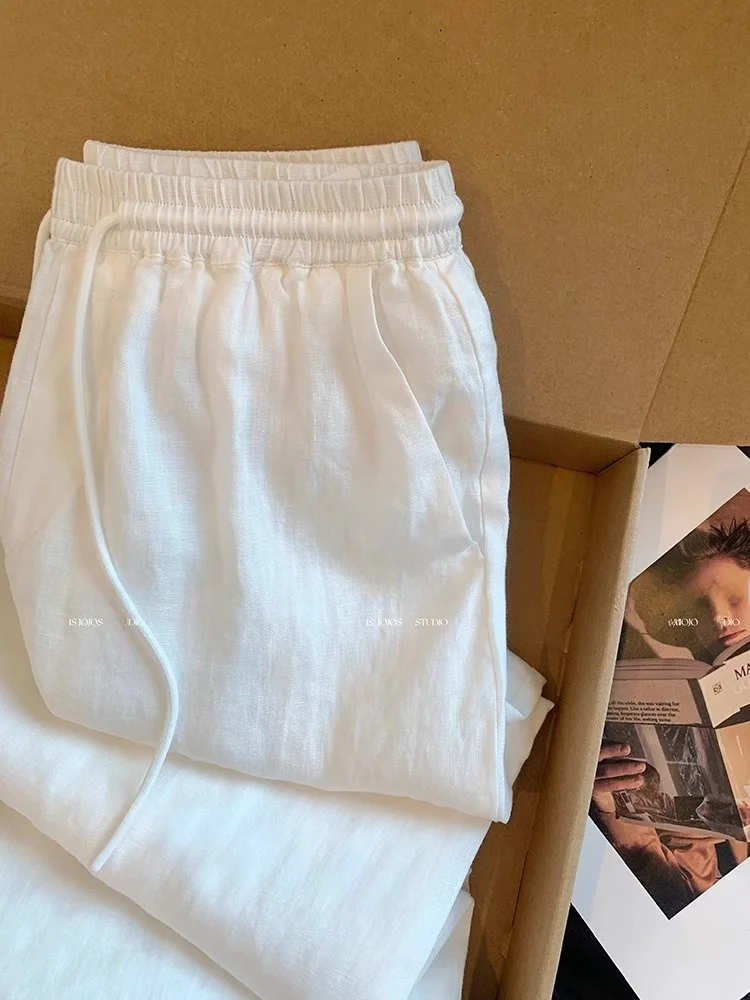 Pantaloni a Vita Alta e Gamba Larga da Donna, Casual in Cotone e Lino, Vestibilità Comoda, Elastico in Vita, Stampa Cartoon e Patchwork