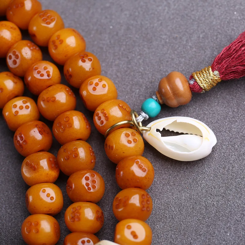 Yak Dice, 108 Beads, Bone, Tibetan Silver, Nine-Square Eight-Trigram Side Pendant