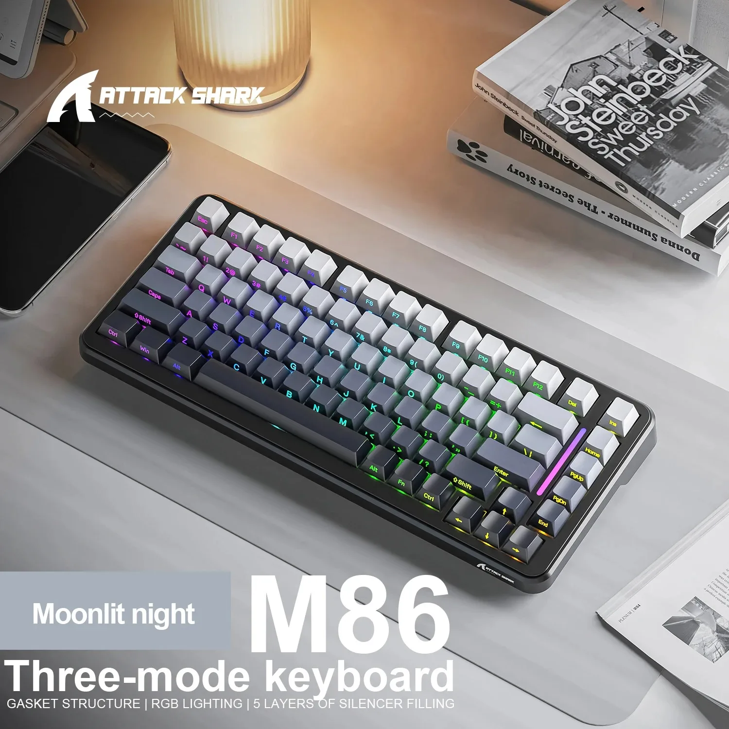 

Беспроводная механическая клавиатура Attack Shark M86, трехрежимная RGB с возможностью горячей замены, с боковой резной подсветкой, полная раскладка