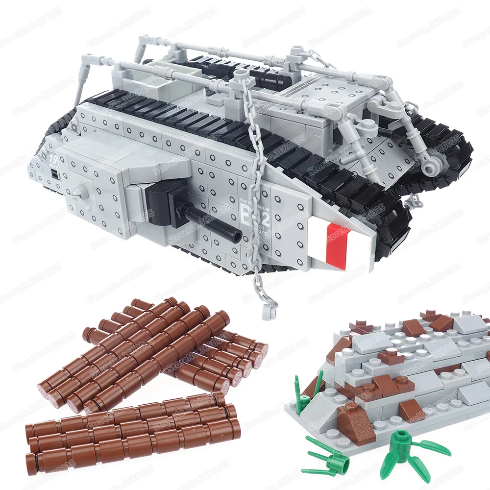 Military WW1 U.K. Mark Type Iv Tank Building Block Assembled Weapons Battlefield Originator Figures Trench Model Child Gift Toys