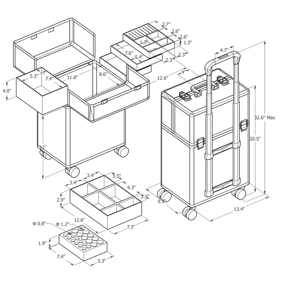 Duży kosmetyczny kuferek na kółkach z 4 przegródkami, wysuwaną środkową warstwą, kluczem i obrotowymi kółkami.