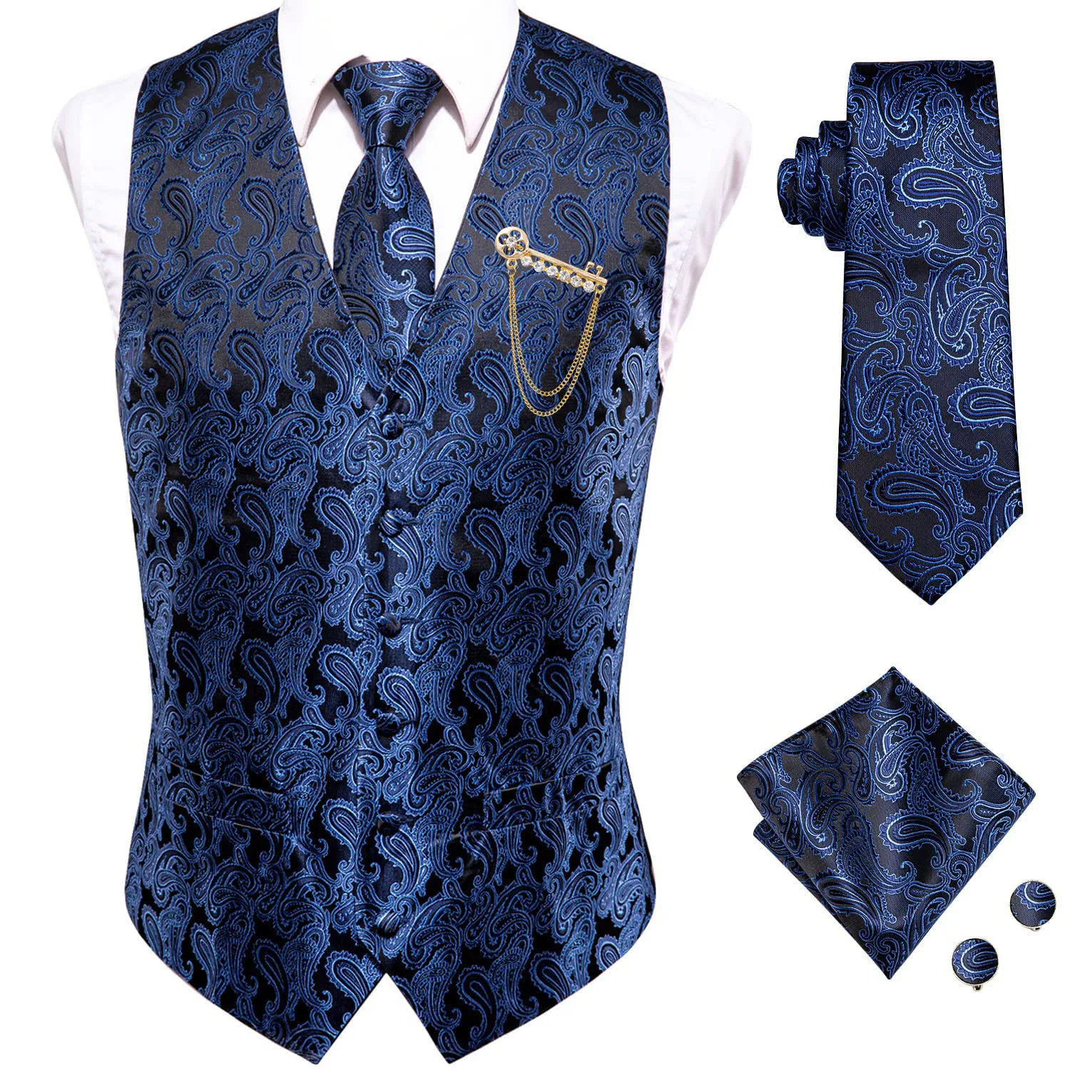 

Navy Blue Silk Vesta for Men Classic Paisley Jacquard Male V-Neck Waistcoat Wedding Formal Jacket Business Designer Party Hi-Tie