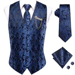 Navy Blue Vest for Men Classic Paisley Jacquard Male V-Neck Waistcoat Wedding Formal Jacket Business Designer Party Hi-Tie