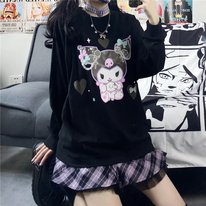 Harajuku Japan Style Sweet Cartoon Sanrio Kuromi Printed Long Sleeve T-shirt Women Autumn Streetwear O-neck Tee Shirt Girls Tops