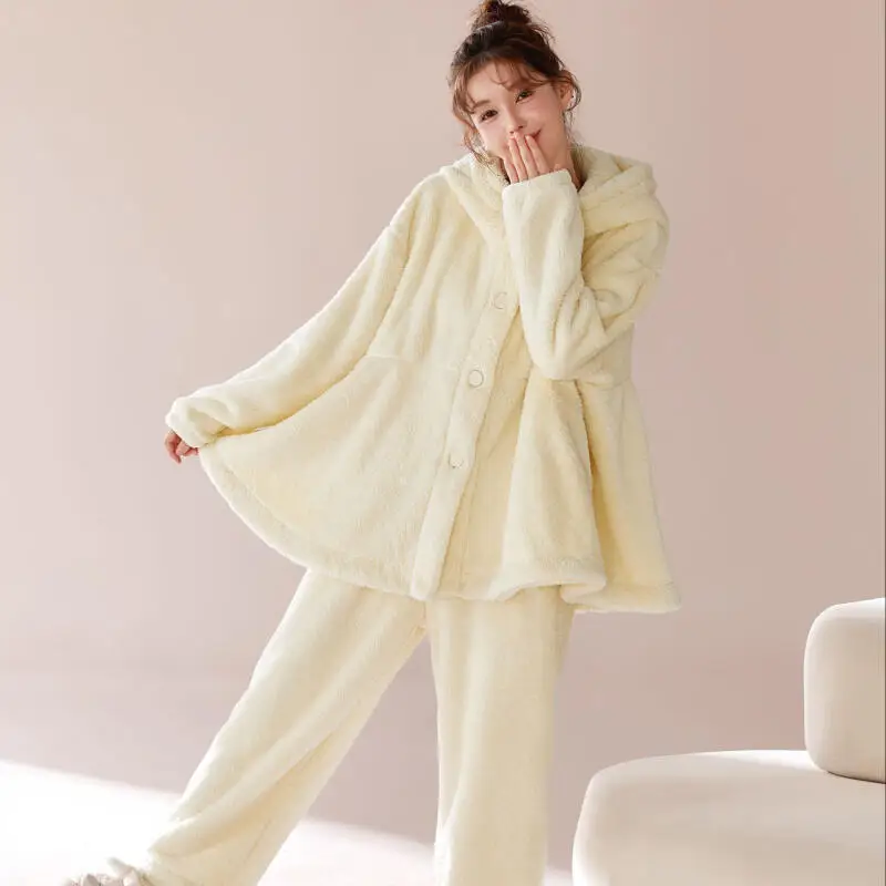 

Hooded Pajama Set Woman Winter Minimalist Coral Fleece Sleepwear New Fleece-Lined Cardigan Nightwear Thicken Keep Warm Homewear
