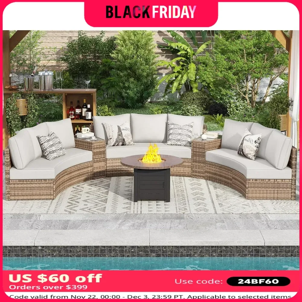 Patio Conversation Set, 11 Piece Half-Moon Sectional Round Patio Furniture Set with Large Storage Wedge Table Wicker Sofa Set