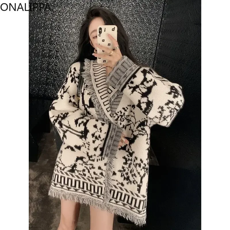 Onalippa Small Fragrance Tassel Oversized Cardigan Contrast Retro Jacquard Knitted Cardigans Korean Notched Collar Sweater