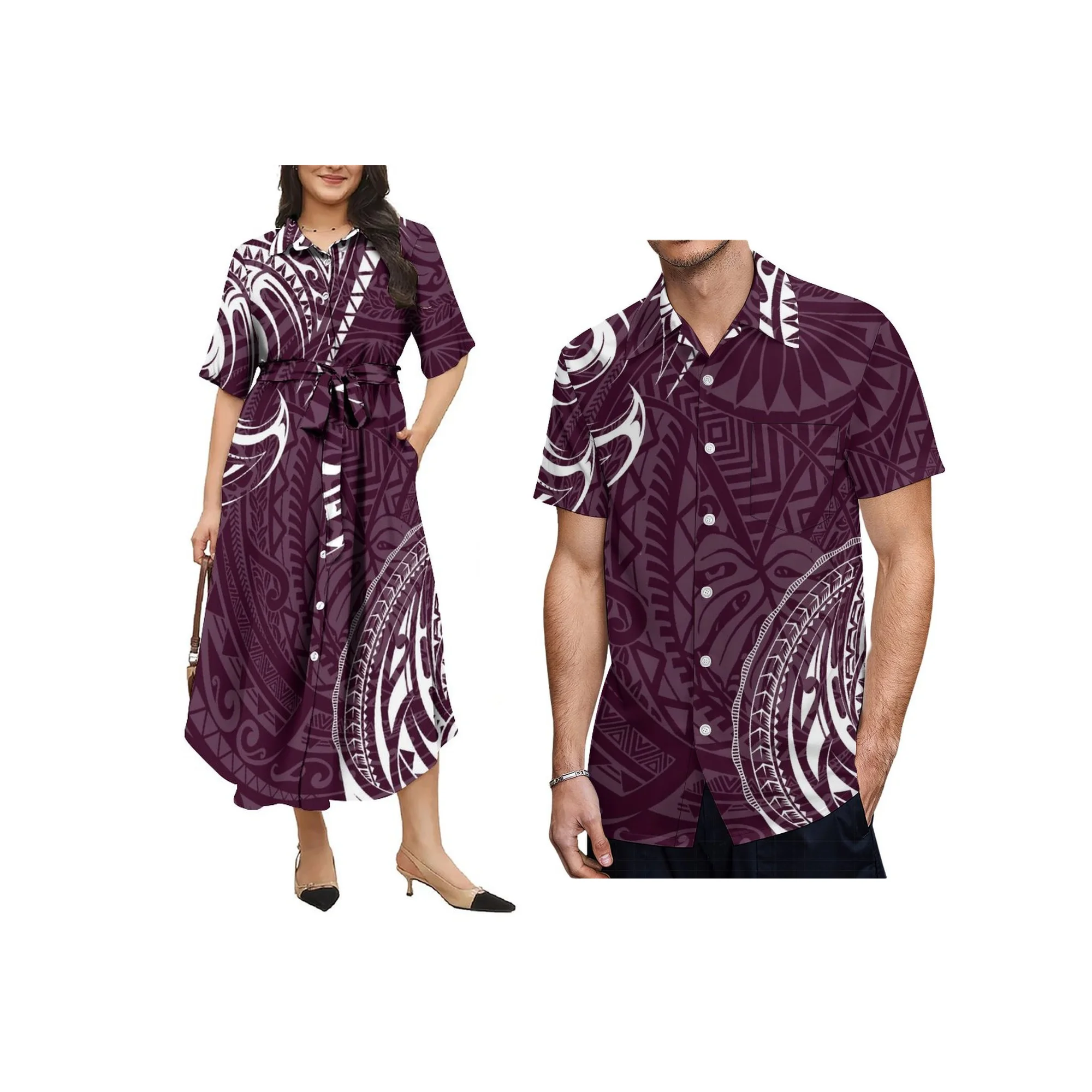 Polynesian Print Samoa Island Design Custom Women Button Shirts Dress Tie-Ups Long Dress Big Size Summer Casual Dress