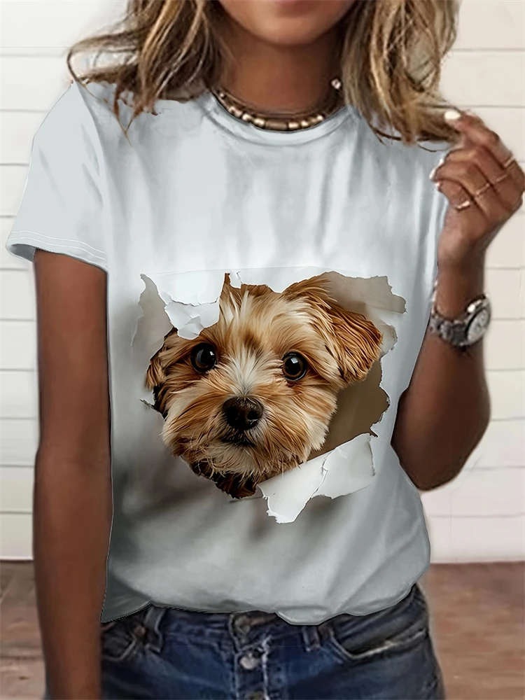 夏用可愛い犬柄半袖Tシャツ　楽しい動物柄ラウンドネック半袖Tシャツ　ゆったり快適な男女兼用