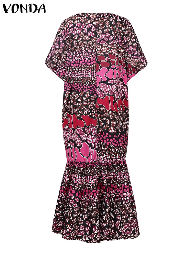 Plus Size VONDA Women Printing Dress Summer Flare Sleeve Sundress Vintage Party Fishtail Long Dress 2025 Casual V Neck Robe 5XL