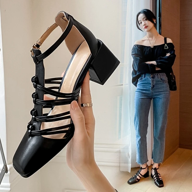 HOT SALES Summer Shoes Women Square Toe Cover Heel Gladiator Modern Sandals Geunine Leather Chunky Heel High Heel Woven Sandals