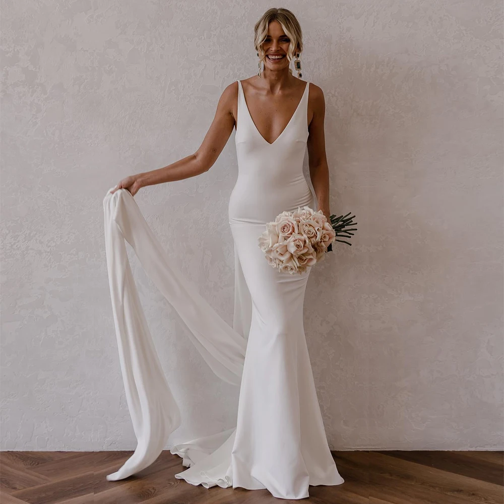 

Plus Size Mermaid Wedding Dress 2023 Detachable Train Sleeveless Sexy Wedding Gown Backless Deep V Neck Simple Bridal Dresses