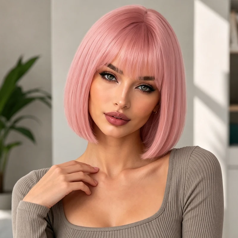 12-inch Pink Synthetic Wig for Party Use, Perfect for Halloween and Christmas Cosplay, Versatile Style for Women