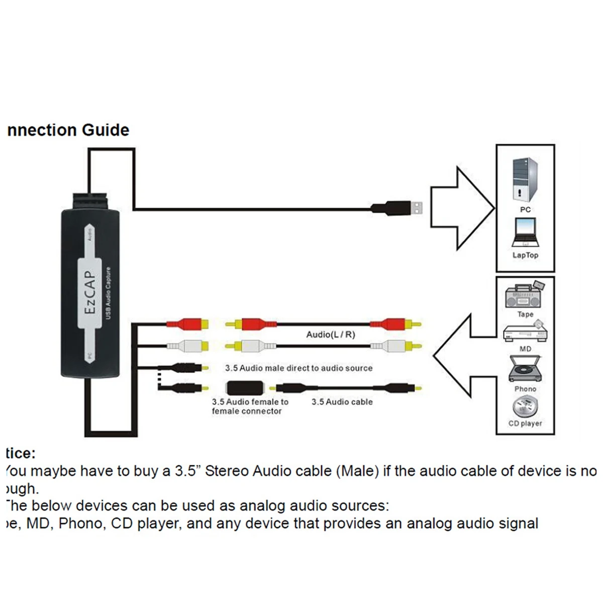 Ezcap USB 3.5Mm Audio Capture Grabber Edit Audio Cable To Digital For Recording Analog Audio Cassette To CD/MP3 Converter