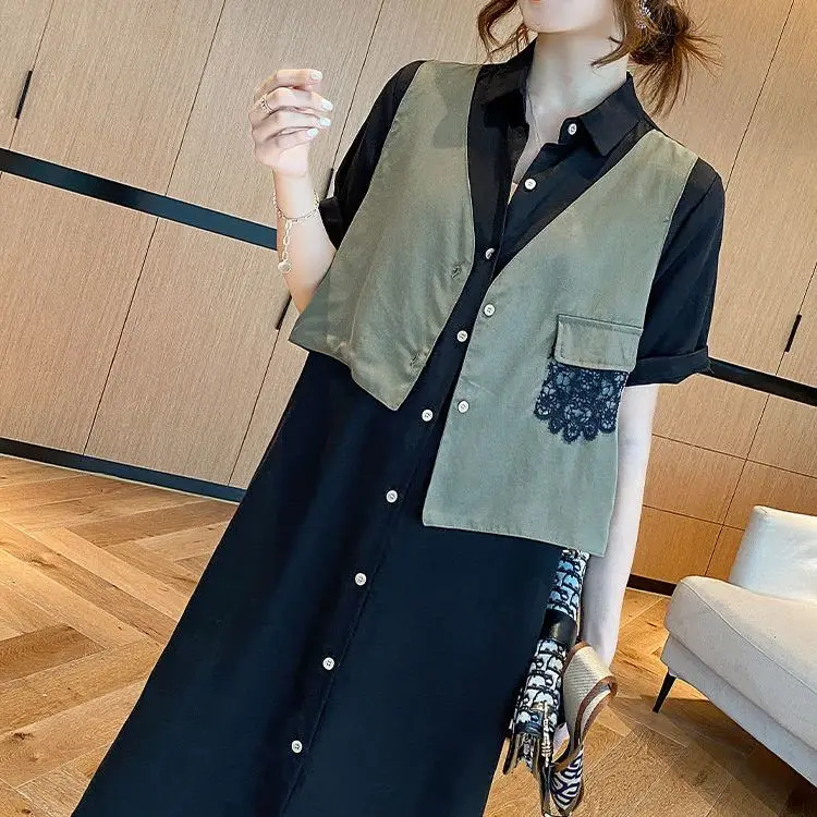 Large Size New Fake Two-piece Shirt Dress Loose and Chubby MM Women's Clothing 2024