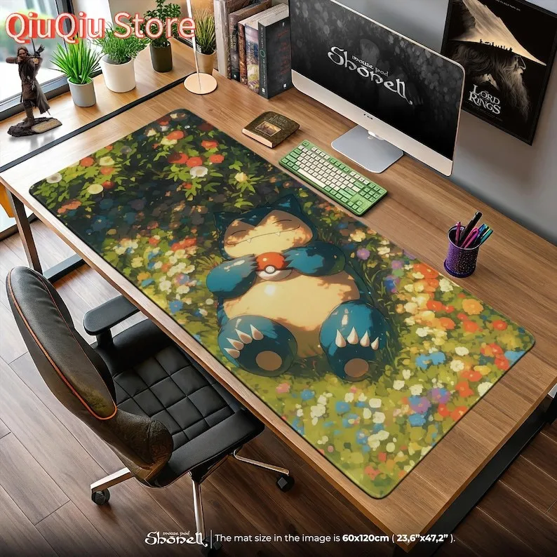 Alfombrilla de ratón para dormir Snorlax – Escena de siesta Pokémon Meadow con Pokéball, alfombrilla de escritorio para juegos de anime colorida, regalo para entrenadores