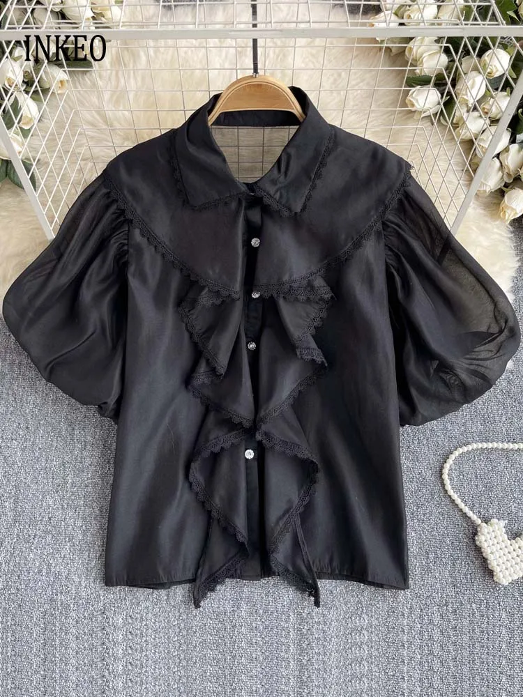 French style Women's short puff sleeve blouse 2024 Summer Ruffles Lace patchwork shirt Turn down collar tops Solid INKEO 4T088