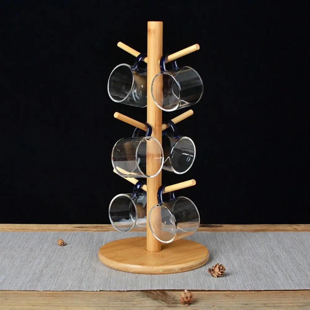 

6 Hooks Bamboo Coffee Cup Holder Tree Shape Wood Material Mug Tree Sturdy Design Thickened Base Drinkware Shelf
