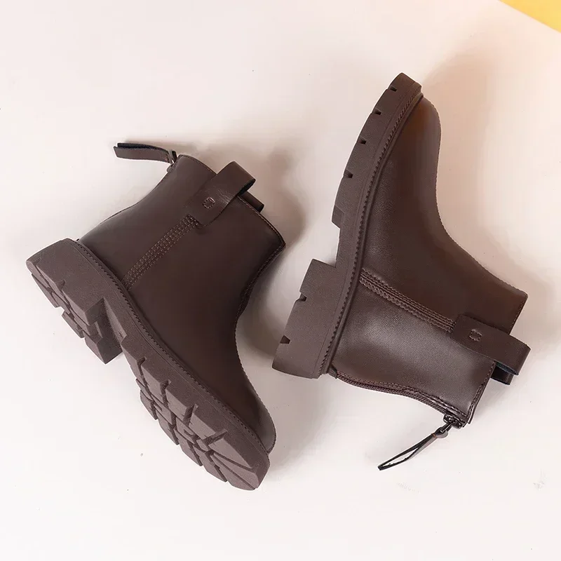 Girls Ankle Boots Simple Design Classic Kids Rubber Boots Anti-skid Side Zipper Black Brown Plain Kids Boots Autumn Winter New