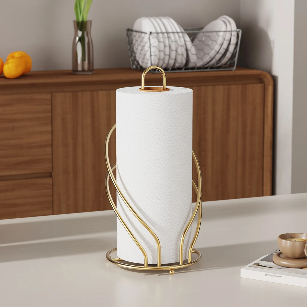 Champagne Gold Flower-shaped Vertical Paper Towel Holder, Kitchen Living Room Light Luxury Roll Paper Organizer Rack
