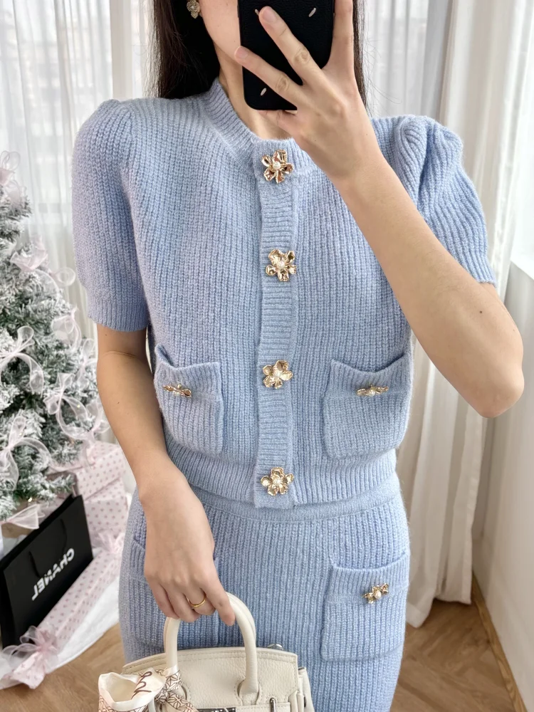 Sweet Set Mist Blue Flower Pearl Button Short Sleeve Knitted Top+Hip Wrapping Skirt Sweater Matching Sets Skirt Two Peice Set