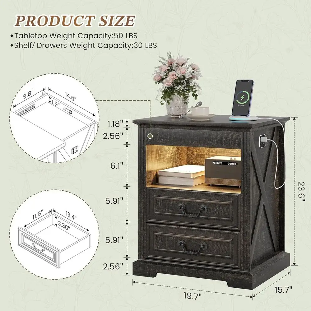 2-Piece Nightstand Set with Concealed Gun Storage, Charging Ports, and LED Lights