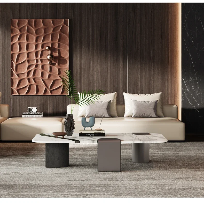 Moderno e minimalista aço inoxidável cinza madeira pé natural luxo pedra mármore retangular mesa de centro