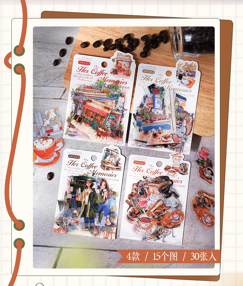 30 Stück PET-Aufkleber für Mädchen, Kaffeezeit, dekorativ, handgefertigt, Scrapbooking-Material, Tagebuch, Album, Bastelbedarf – Detail 3